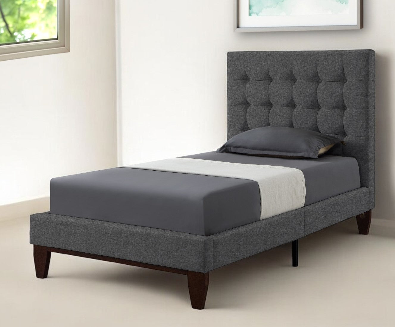 Light Gray Solid Wood Full Tufted Upholstered Linen Bed