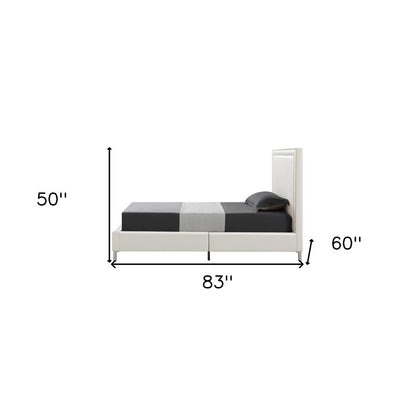 White Solid Wood Full Upholstered Faux Leather Bed with Nailhead Trim