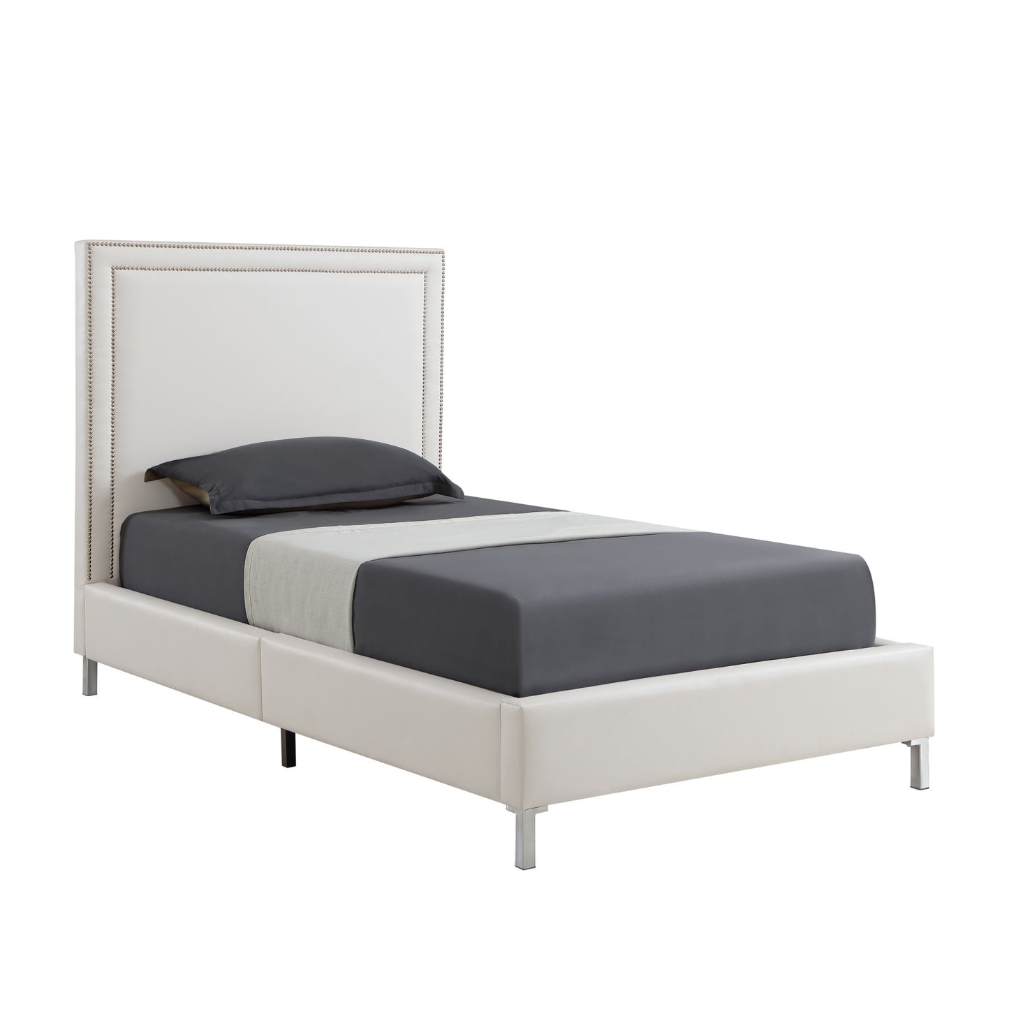 White Solid Wood Full Upholstered Faux Leather Bed with Nailhead Trim