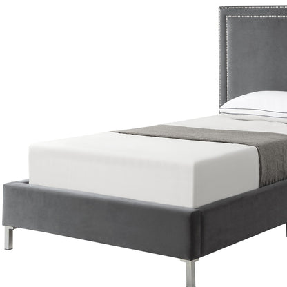 Gray Solid Wood Full Upholstered Velvet Bed with Nailhead Trim