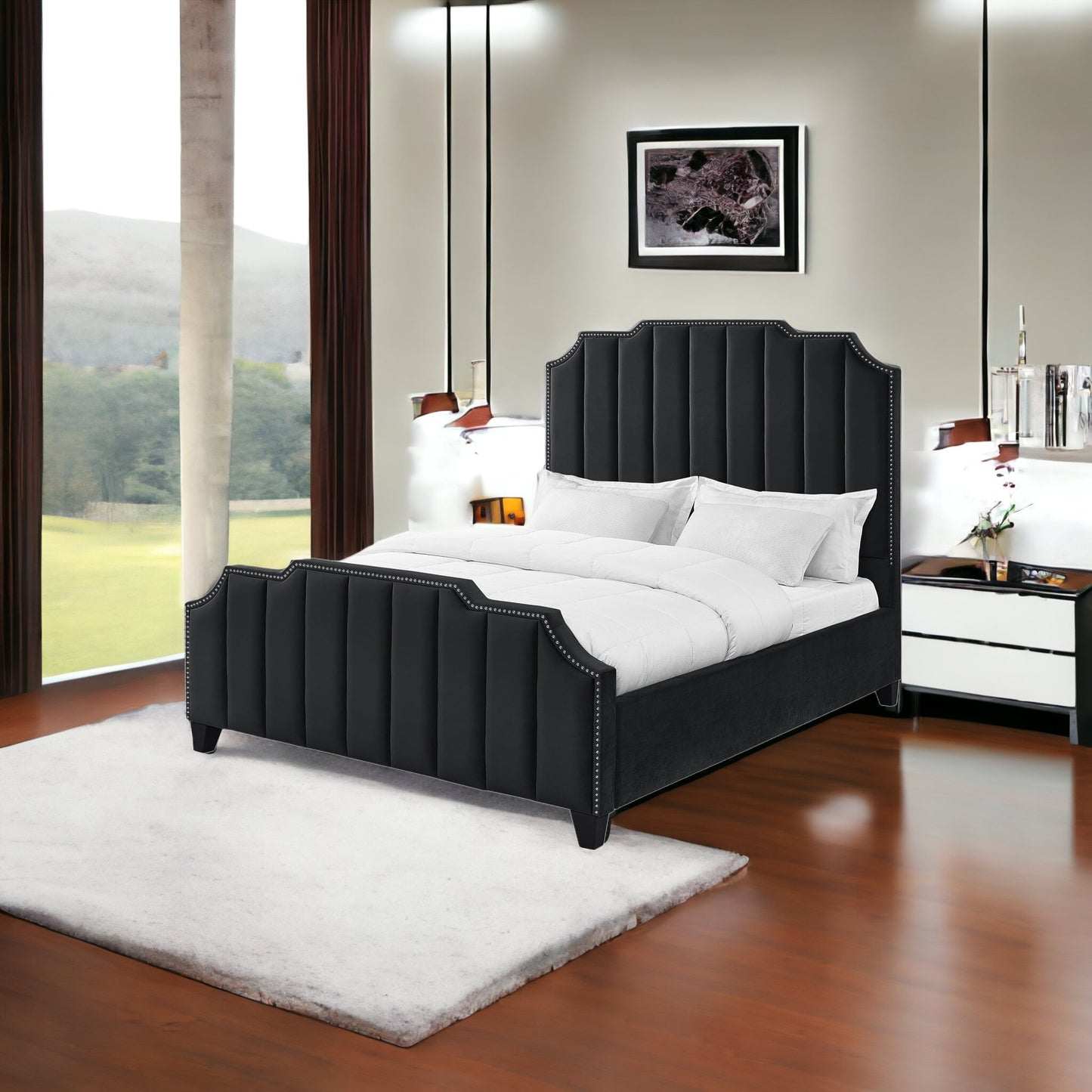 Black Solid Wood Queen Tufted Upholstered Velvet Bed with Nailhead Trim