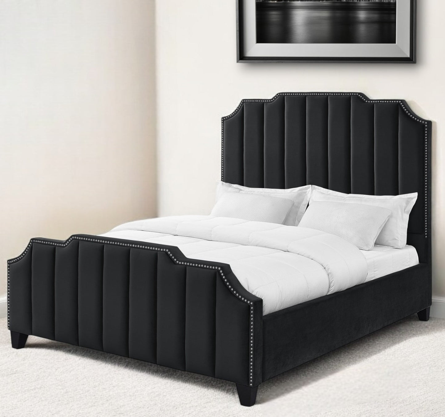 Black Solid Wood Queen Tufted Upholstered Velvet Bed with Nailhead Trim