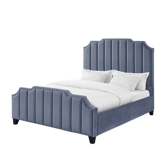 Sky Blue Solid Wood Queen Tufted Upholstered Velvet Bed with Nailhead Trim