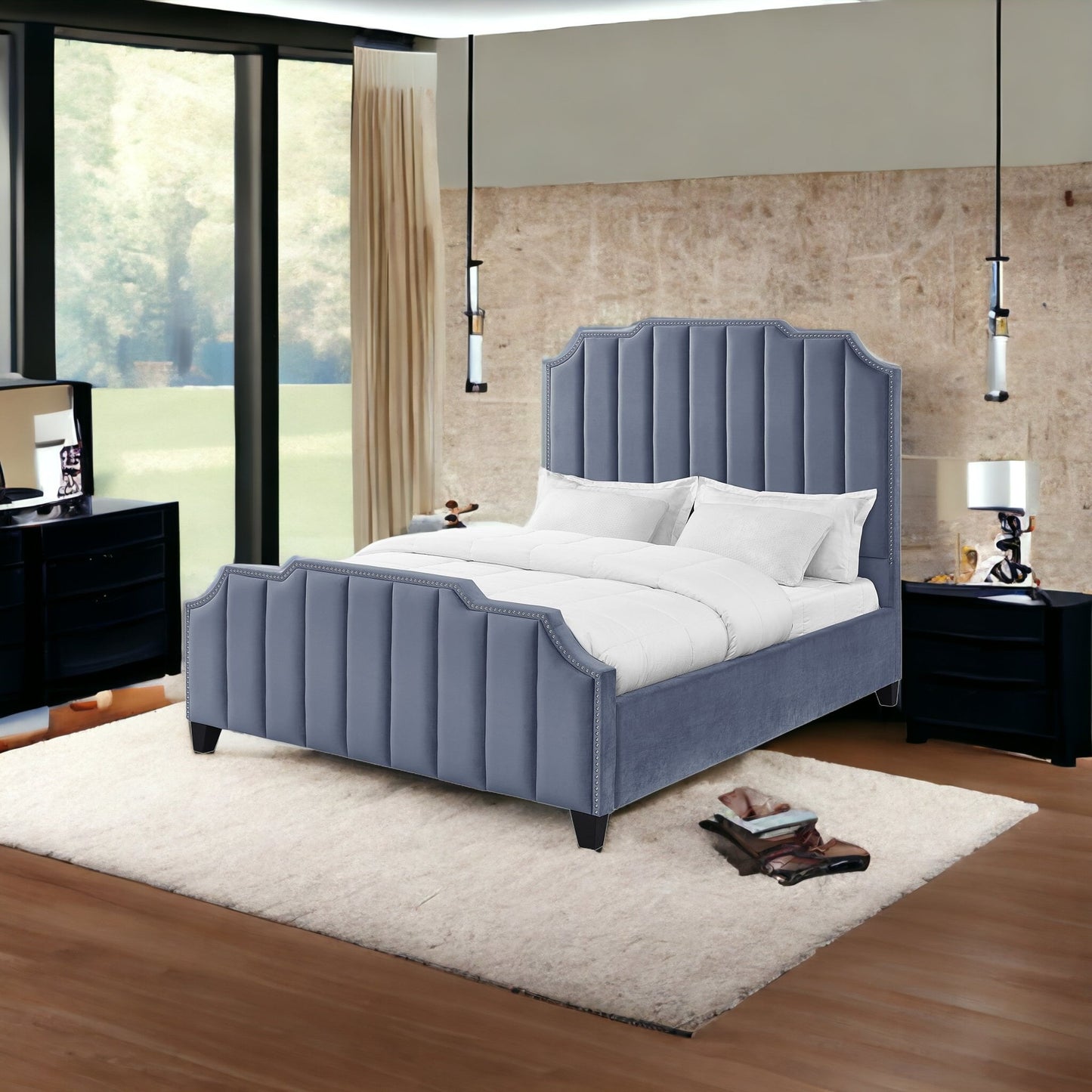Sky Blue Solid Wood Queen Tufted Upholstered Velvet Bed with Nailhead Trim