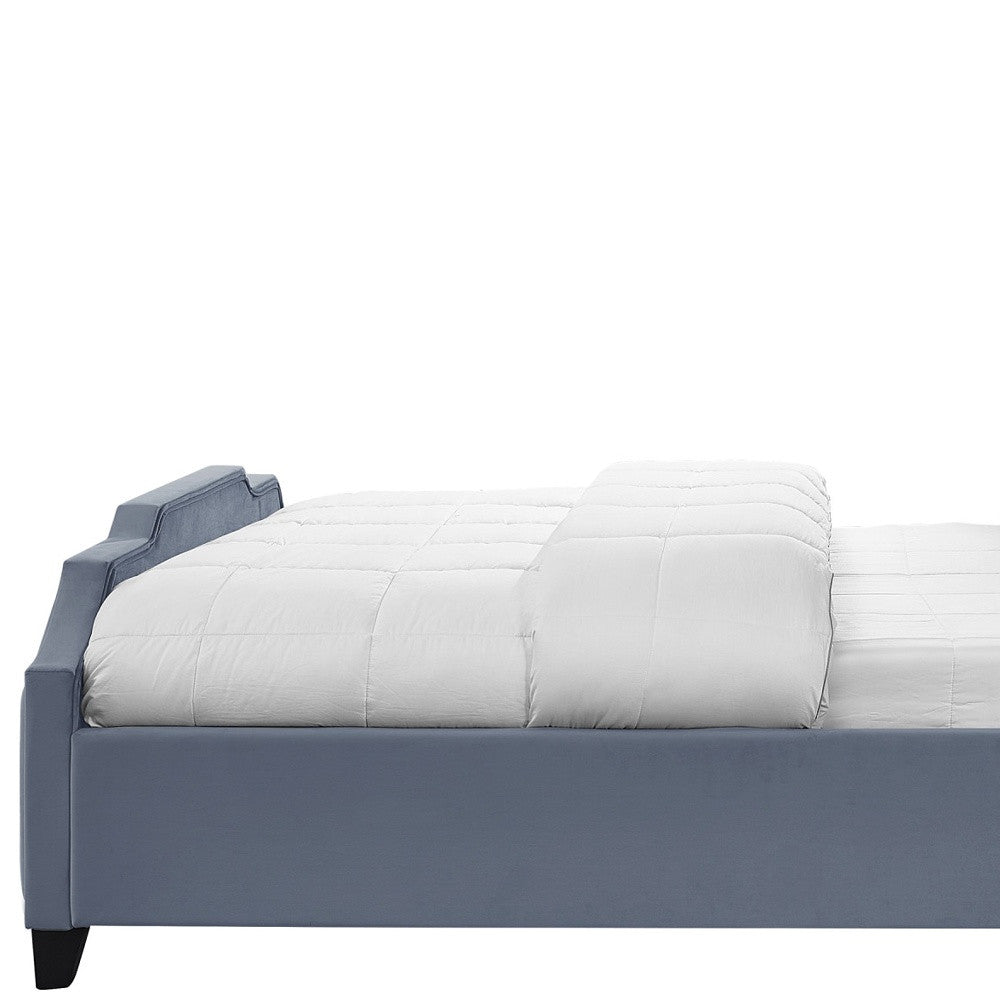 Sky Blue Solid Wood Queen Tufted Upholstered Velvet Bed with Nailhead Trim