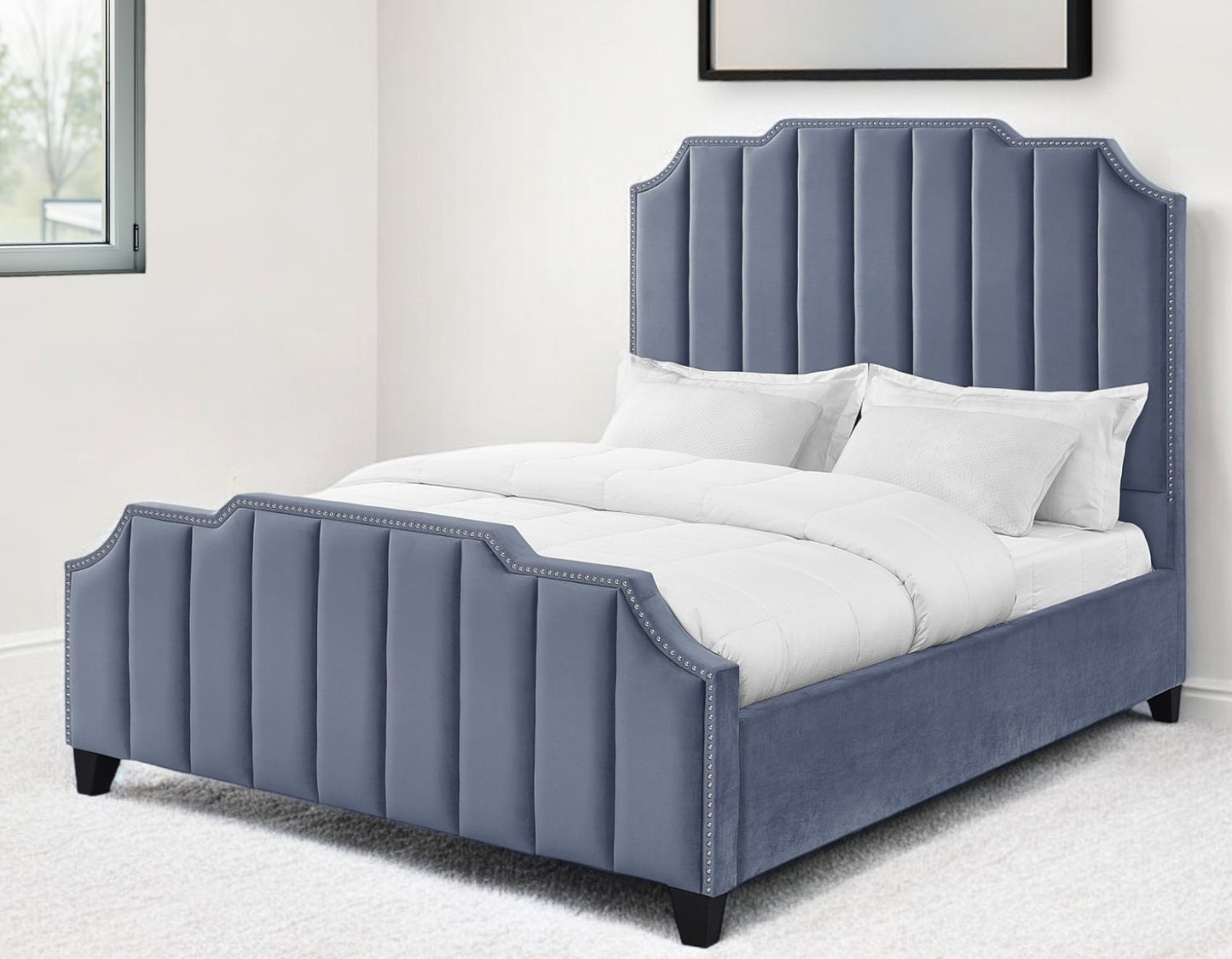 Sky Blue Solid Wood Queen Tufted Upholstered Velvet Bed with Nailhead Trim