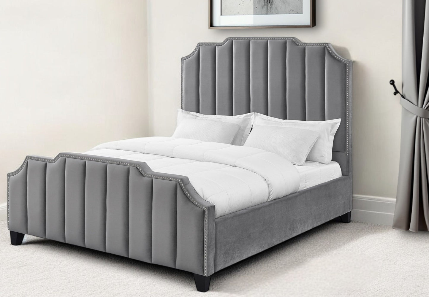 Gray Solid Wood Queen Tufted Upholstered Velvet Bed with Nailhead Trim