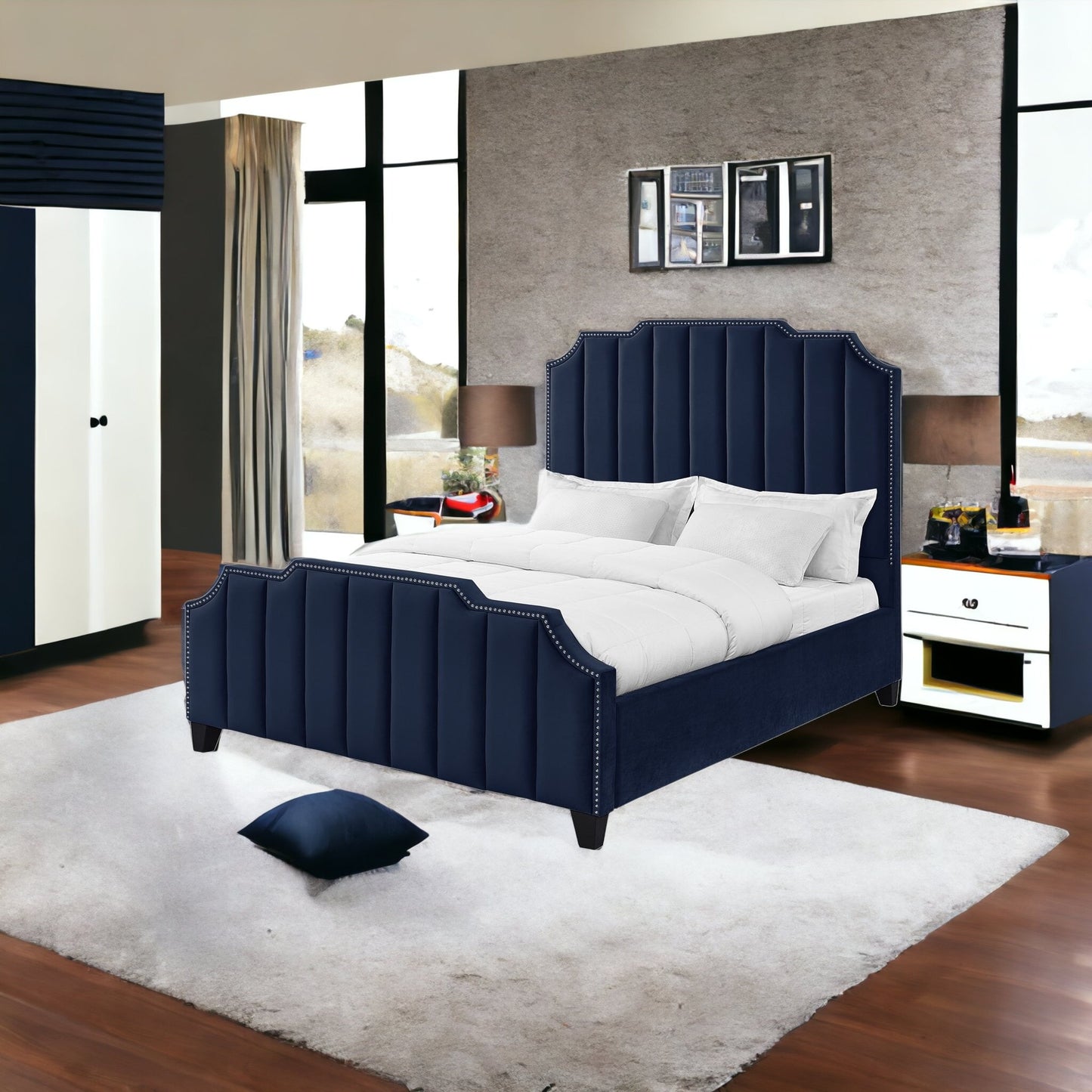 Navy Blue Solid Wood King Tufted Upholstered Velvet Bed with Nailhead Trim