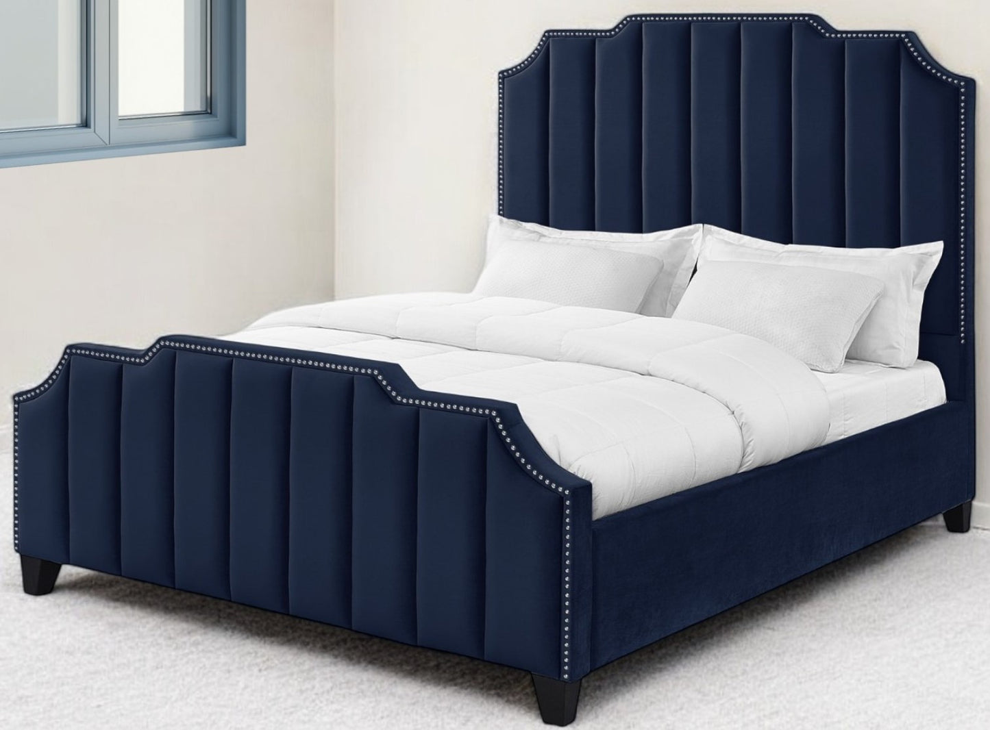 Navy Blue Solid Wood King Tufted Upholstered Velvet Bed with Nailhead Trim