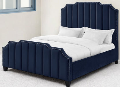 Navy Blue Solid Wood Queen Tufted Upholstered Velvet Bed with Nailhead Trim