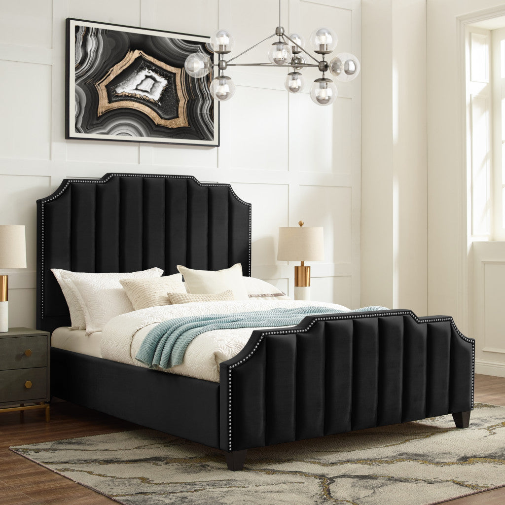 Navy Blue Solid Wood Queen Tufted Upholstered Velvet Bed with Nailhead Trim