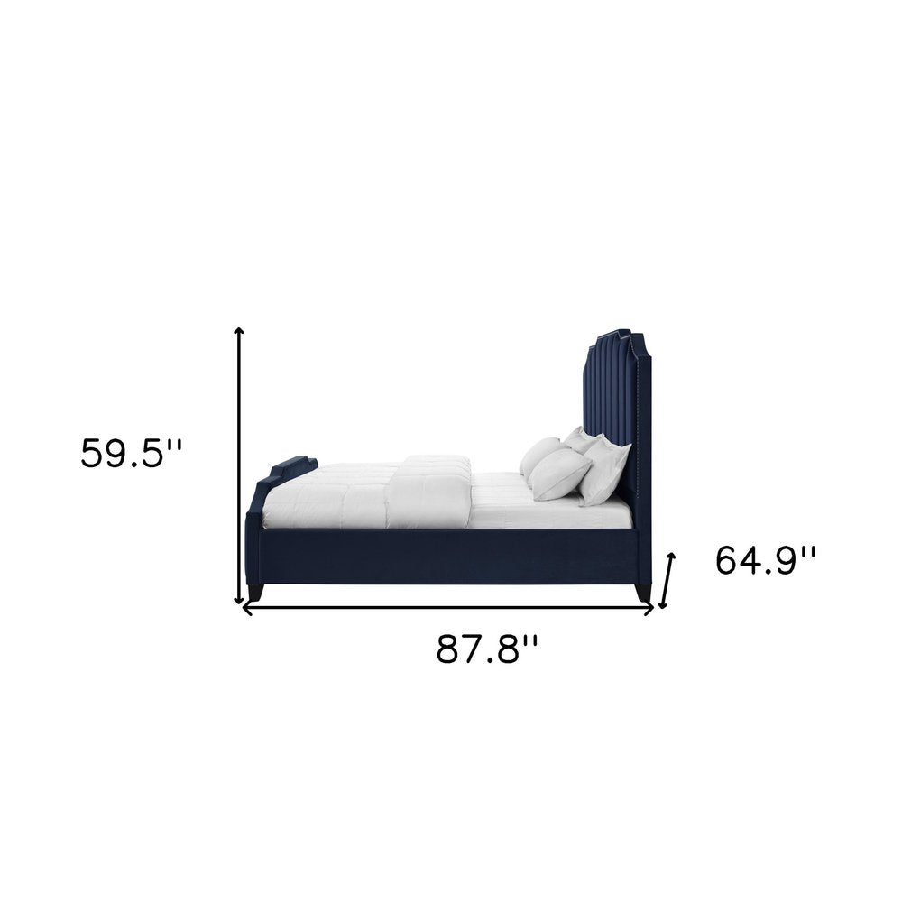 Navy Blue Solid Wood Queen Tufted Upholstered Velvet Bed with Nailhead Trim