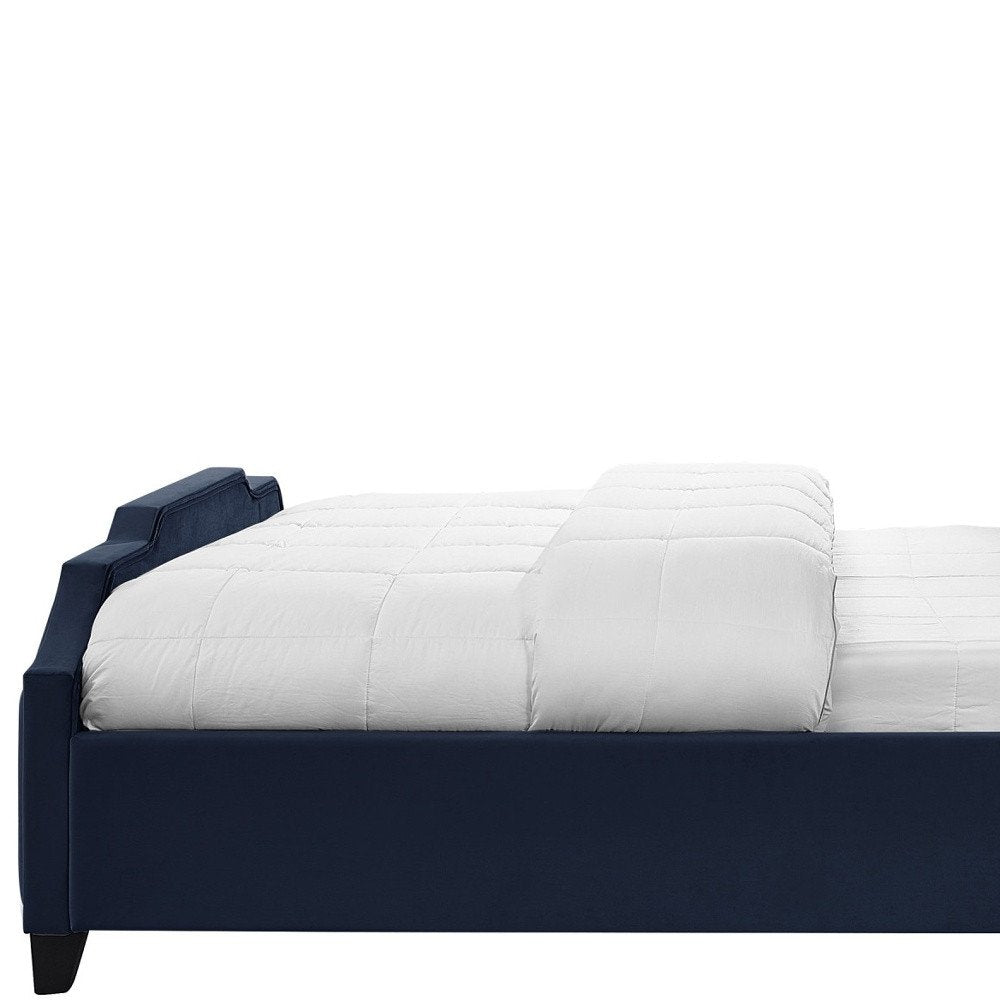Navy Blue Solid Wood Queen Tufted Upholstered Velvet Bed with Nailhead Trim
