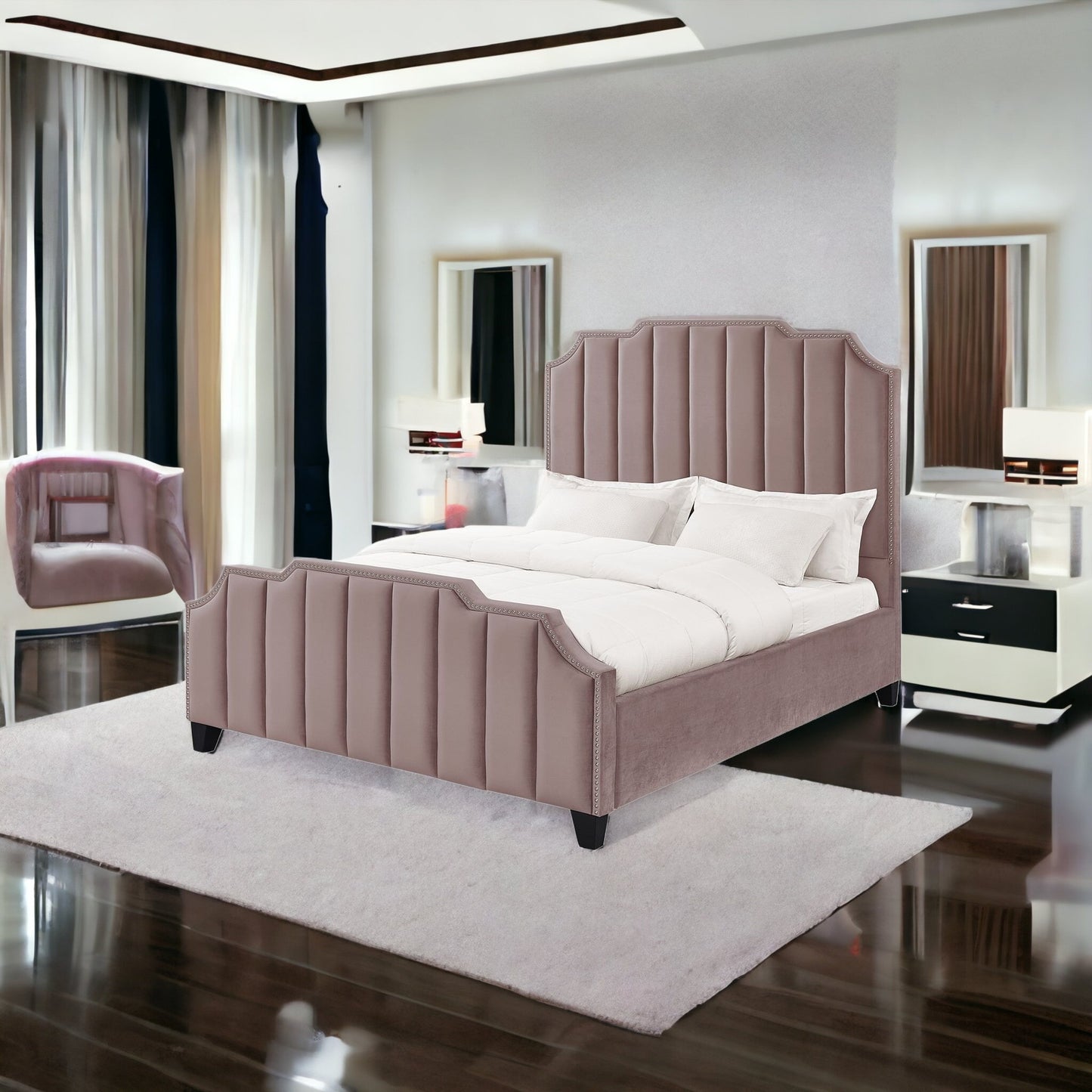 Pink Solid Wood King Tufted Upholstered Velvet Bed with Nailhead Trim