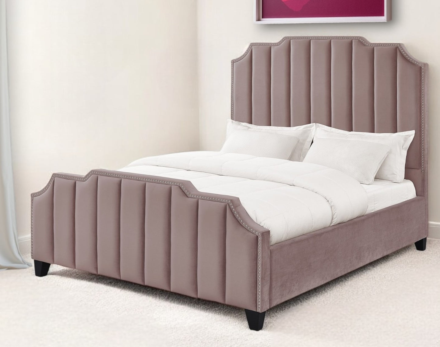 Pink Solid Wood King Tufted Upholstered Velvet Bed with Nailhead Trim