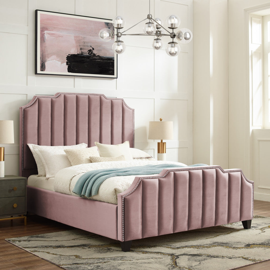 Pink Solid Wood King Tufted Upholstered Velvet Bed with Nailhead Trim
