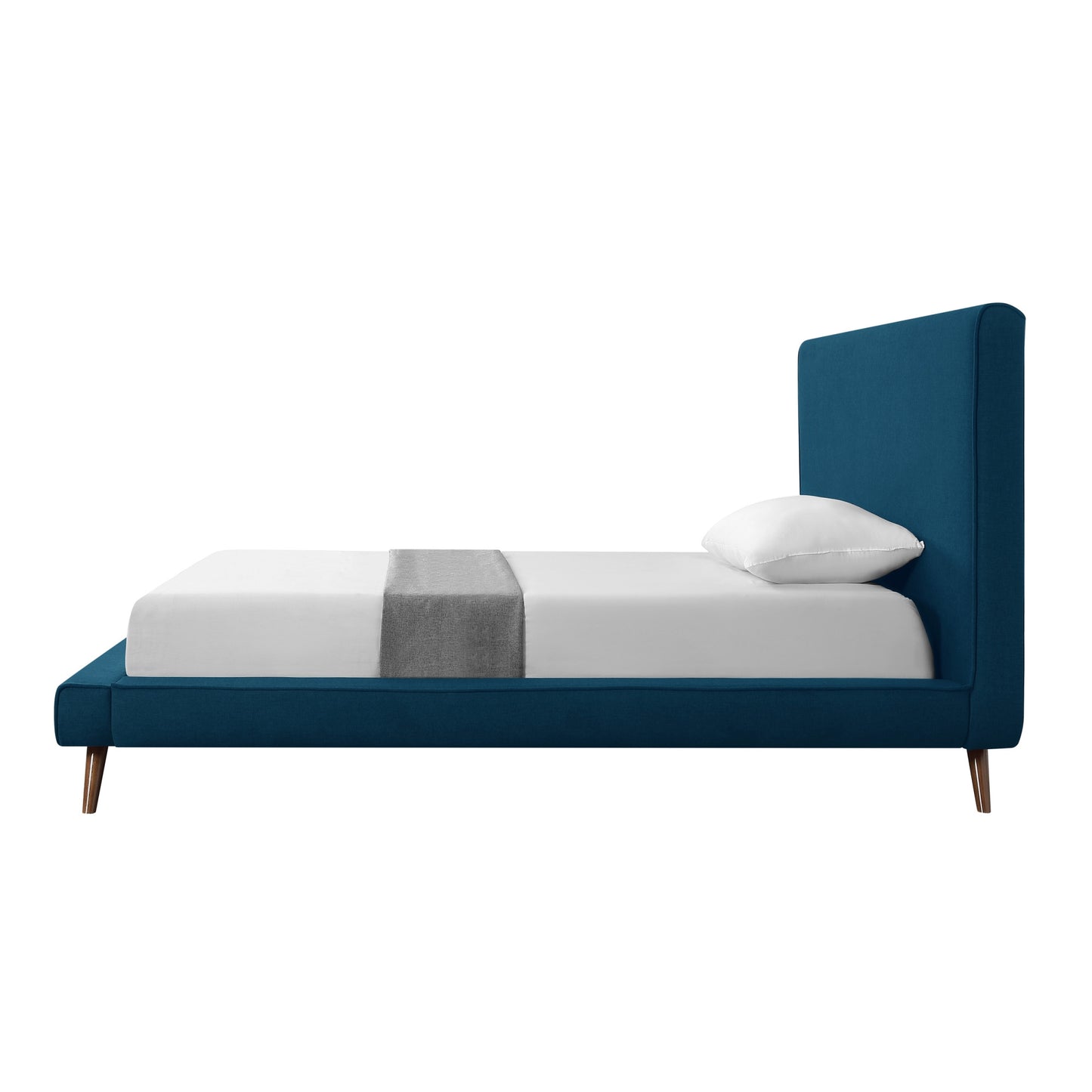 Denim Blue Solid Wood Full Upholstered Linen Bed