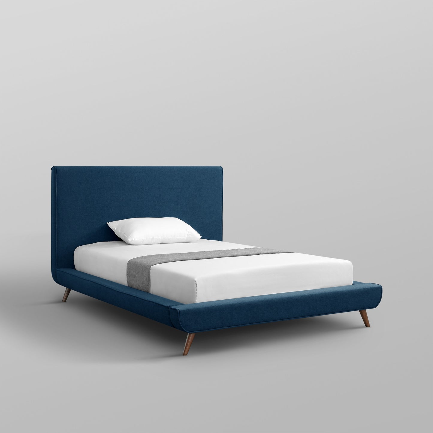 Denim Blue Solid Wood Full Upholstered Linen Bed
