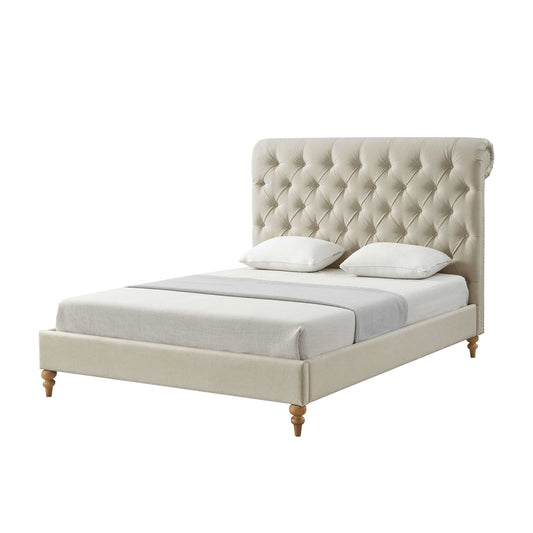 Beige Solid Wood King Tufted Upholstered Linen Bed with Nailhead Trim