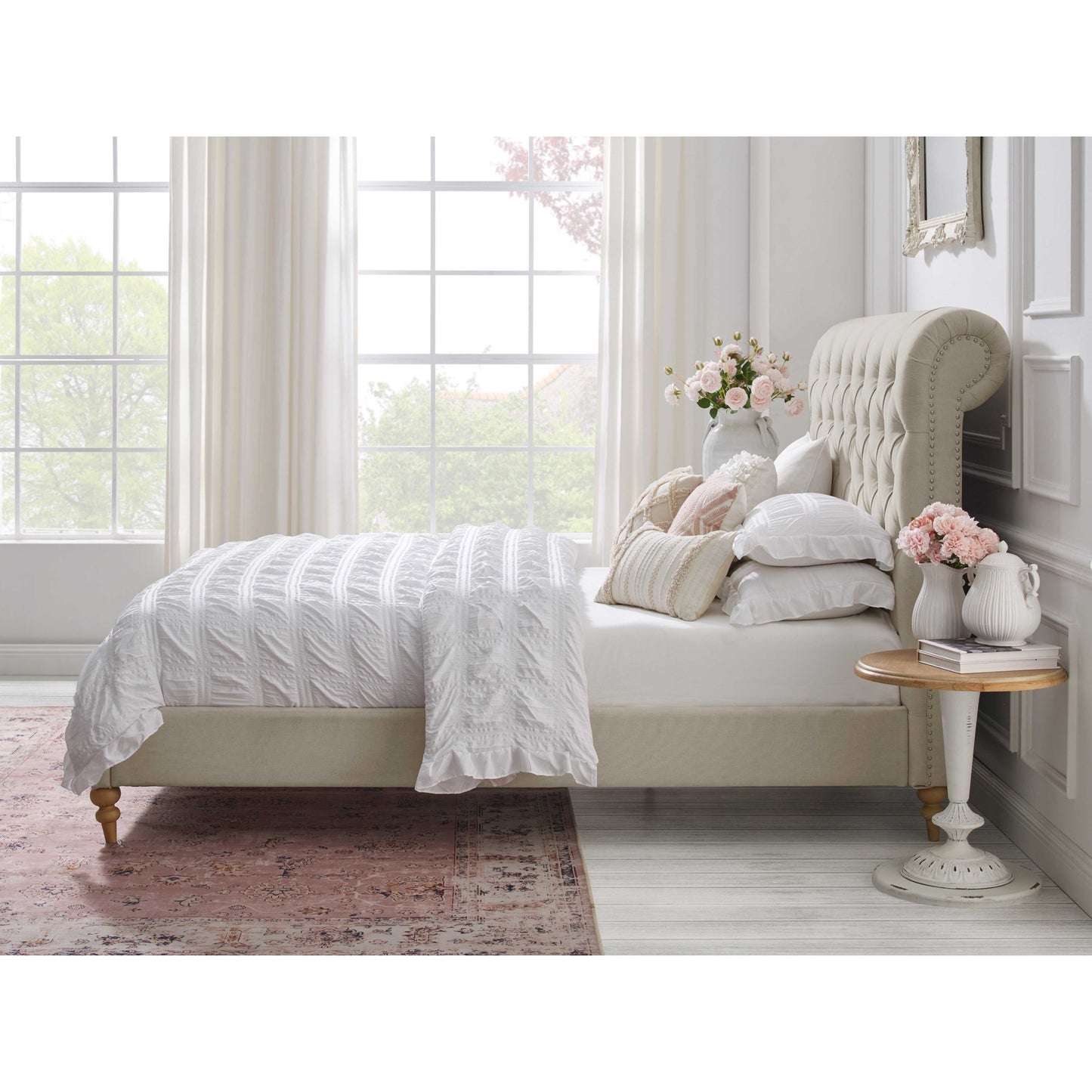 Beige Solid Wood King Tufted Upholstered Linen Bed with Nailhead Trim