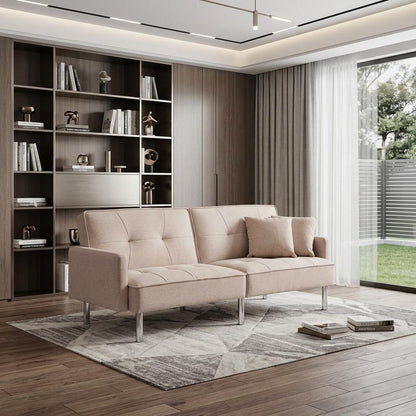 85" Beige Polyester Blend Convertible Futon Sleeper Sofa And Toss Pillows With Silver Legs