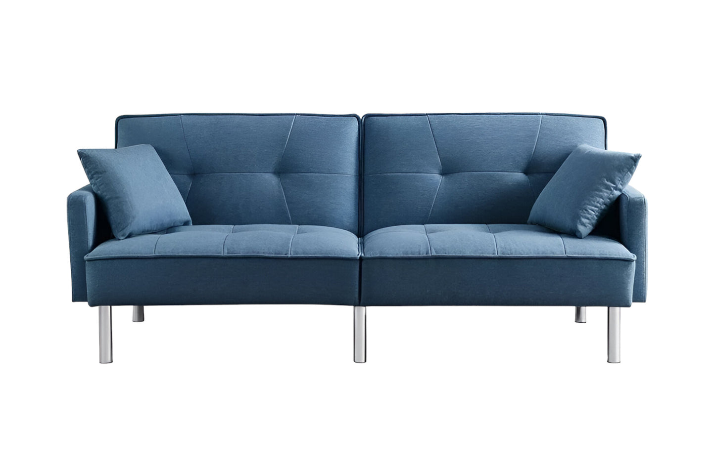 85" Blue Polyester Blend Convertible Futon Sleeper Sofa And Toss Pillows With Silver Legs