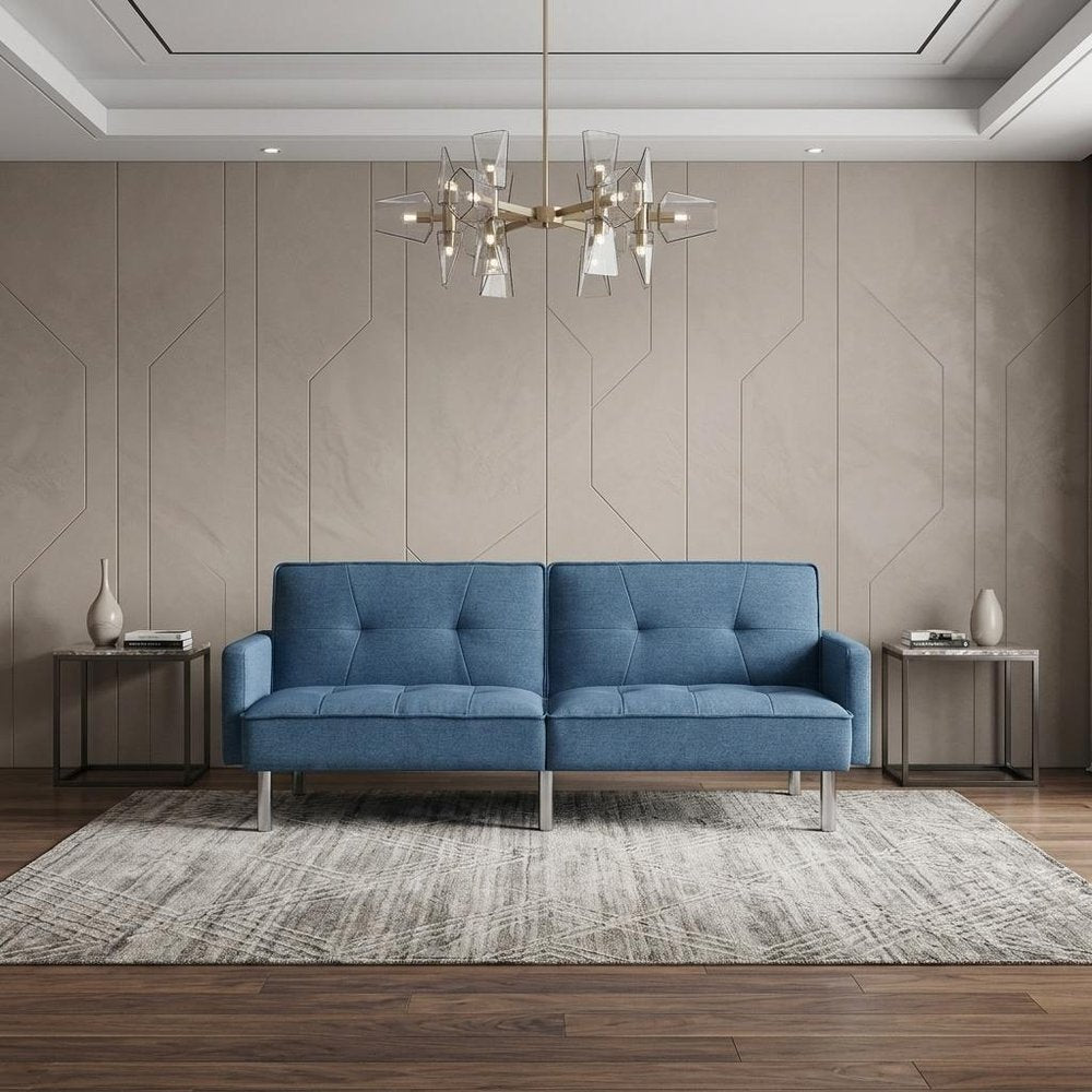 85" Blue Polyester Blend Convertible Futon Sleeper Sofa And Toss Pillows With Silver Legs