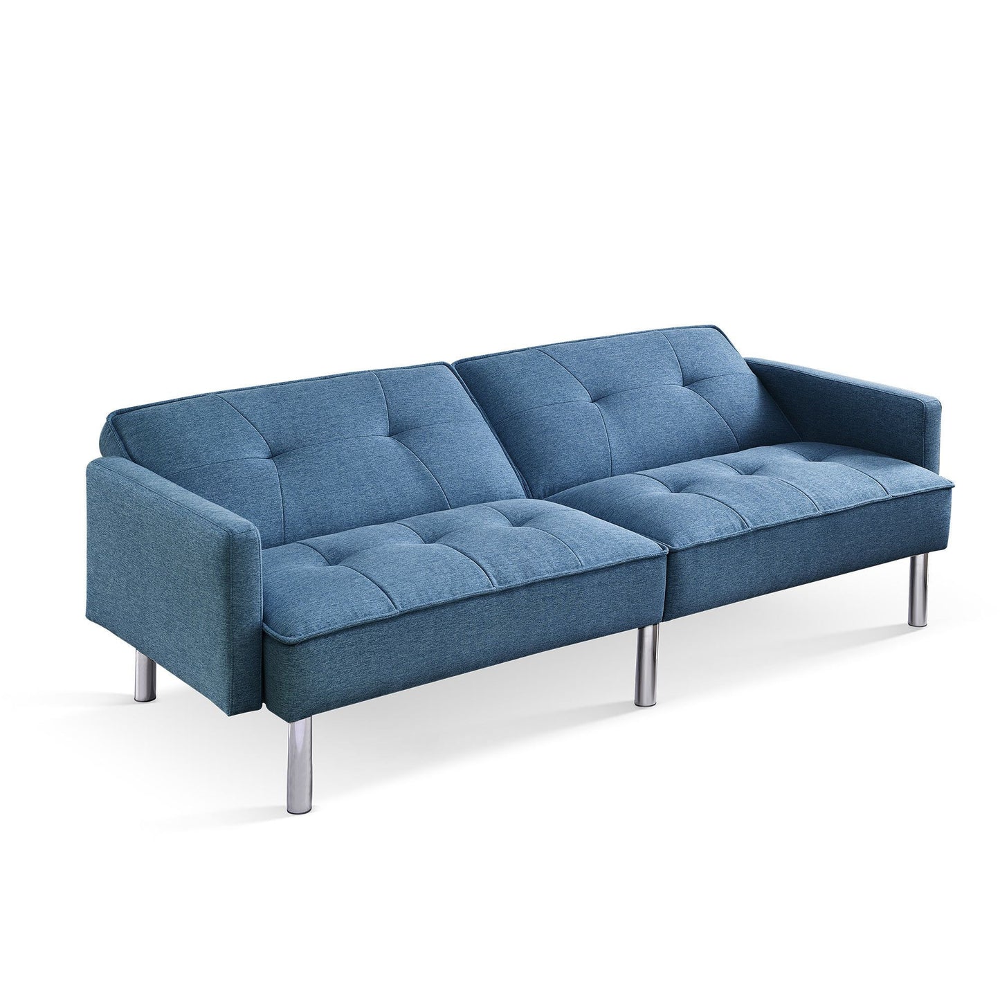 85" Blue Polyester Blend Convertible Futon Sleeper Sofa And Toss Pillows With Silver Legs