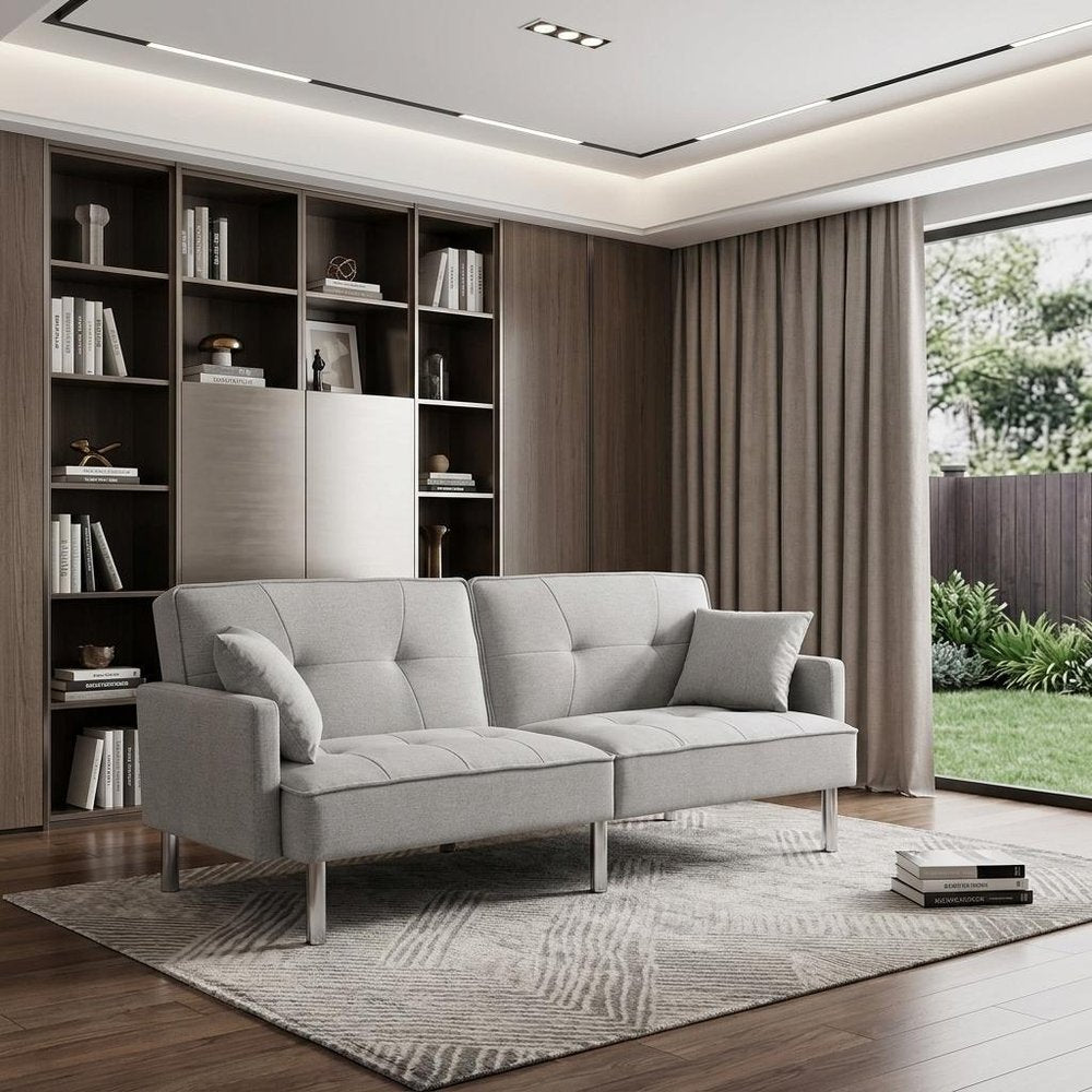 85" Light Gray Polyester Blend Convertible Futon Sleeper Sofa And Toss Pillows With Silver Legs
