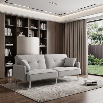 85" Light Gray Polyester Blend Convertible Futon Sleeper Sofa And Toss Pillows With Silver Legs