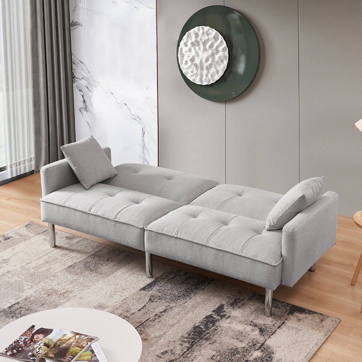 85" Light Gray Polyester Blend Convertible Futon Sleeper Sofa And Toss Pillows With Silver Legs