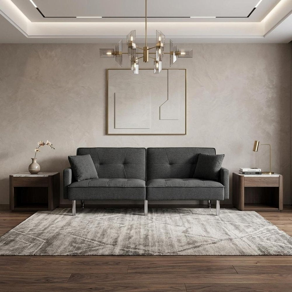 85" Dark Gray Polyester Blend Convertible Futon Sleeper Sofa And Toss Pillows With Silver Legs