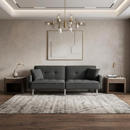 85" Dark Gray Polyester Blend Convertible Futon Sleeper Sofa And Toss Pillows With Silver Legs