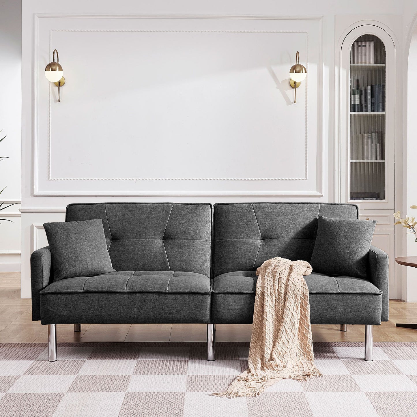 85" Dark Gray Polyester Blend Convertible Futon Sleeper Sofa And Toss Pillows With Silver Legs