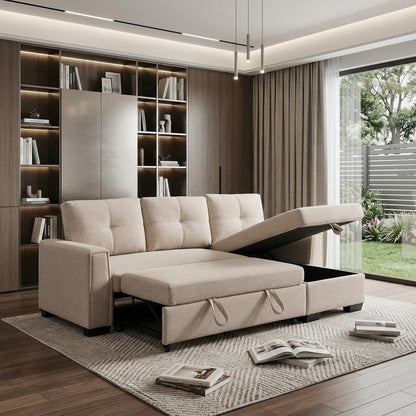 92" Beige Polyester Blend Convertible Futon Sleeper Sofa With Black Legs