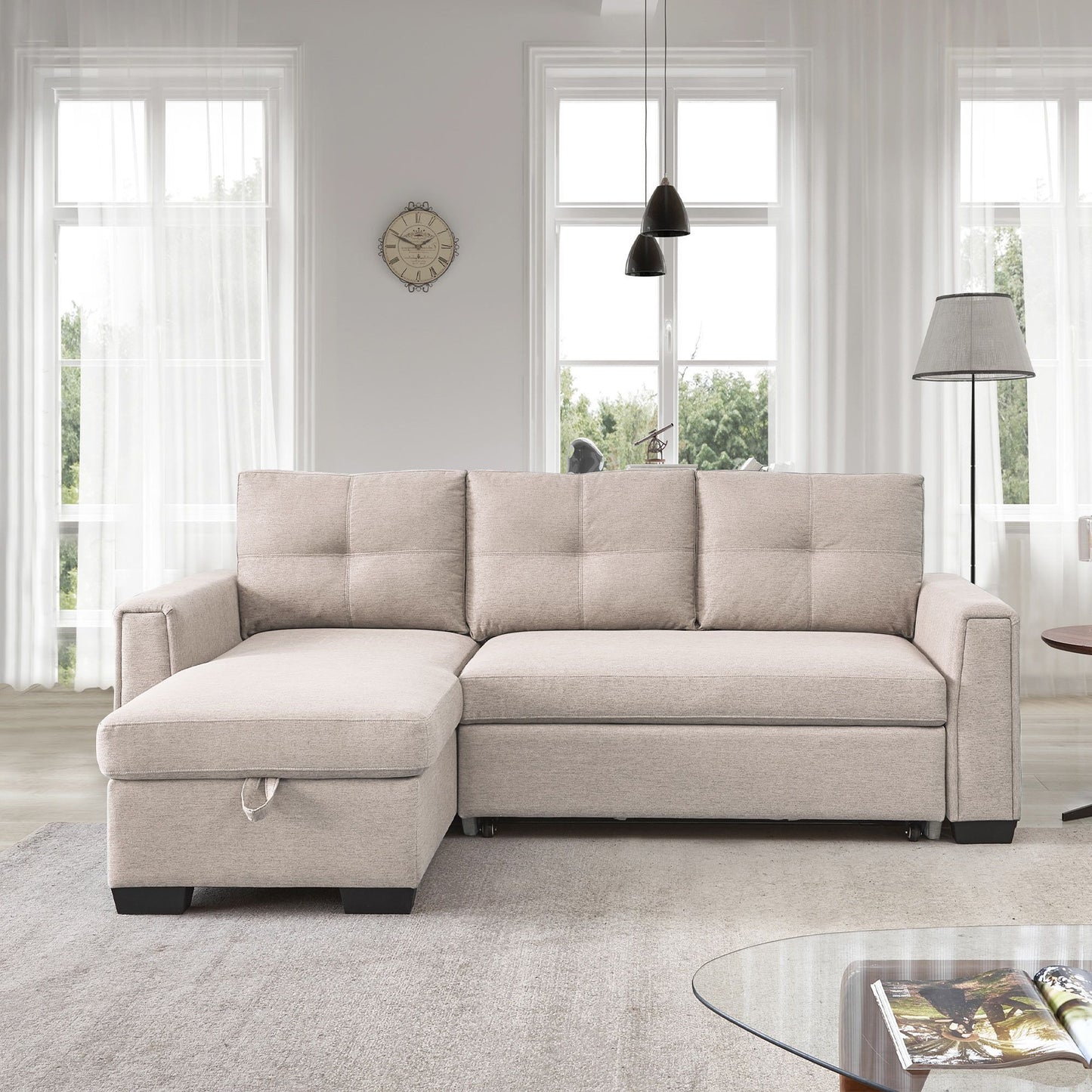 92" Beige Polyester Blend Convertible Futon Sleeper Sofa With Black Legs