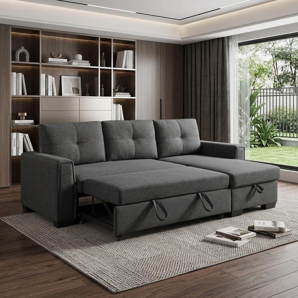 92" Dark Gray Polyester Blend Convertible Futon Sleeper Sofa With Black Legs