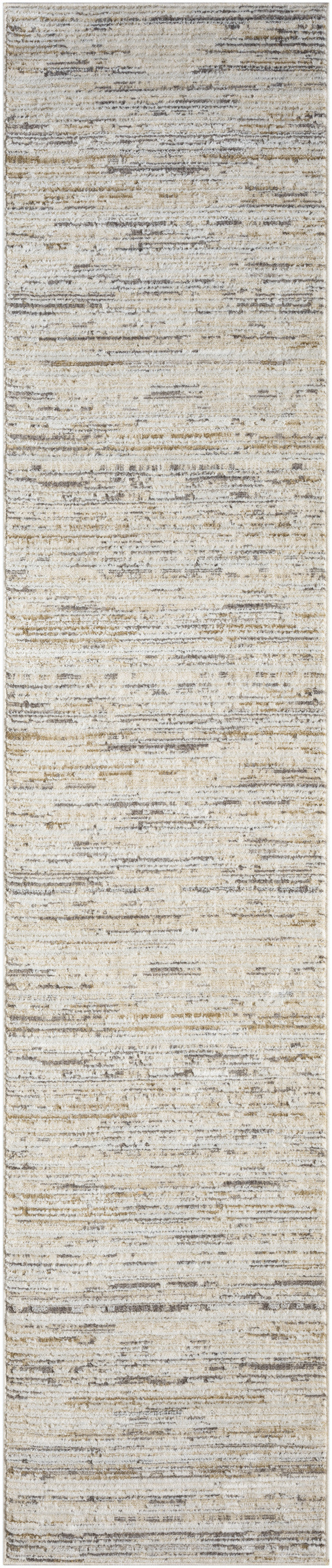Neutral beige and gray abstract runner rug with textured, irregular stripe pattern.
