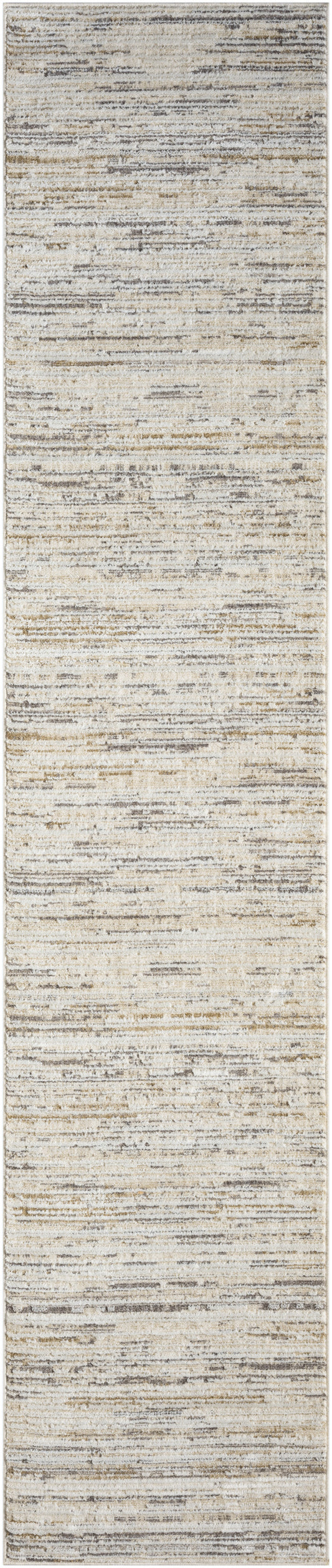 Neutral beige and gray abstract runner rug with textured, irregular stripe pattern.
