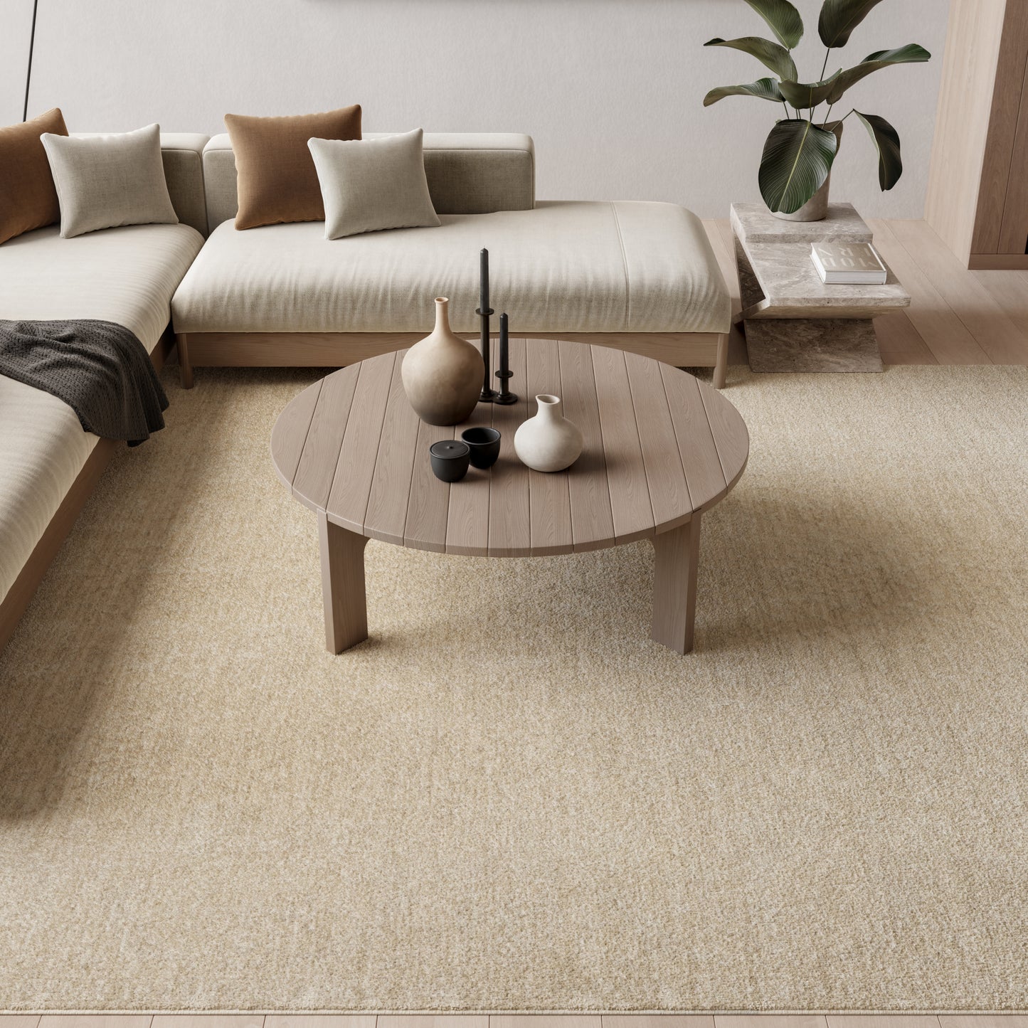 Beige area rug in a living room with a round wooden coffee table, vases, and a candle; sectional sofa with neutral cushions.