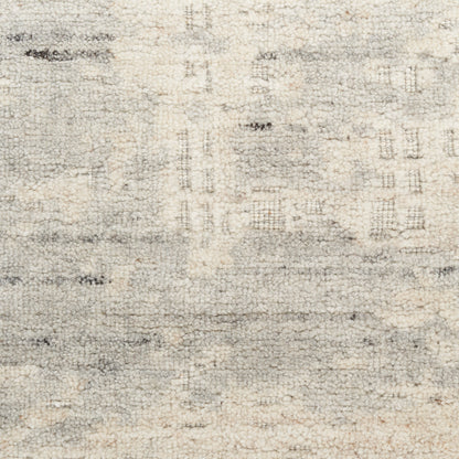 Textured cream-gray area rug with abstract woven pattern; modern, neutral-toned decor for living room.