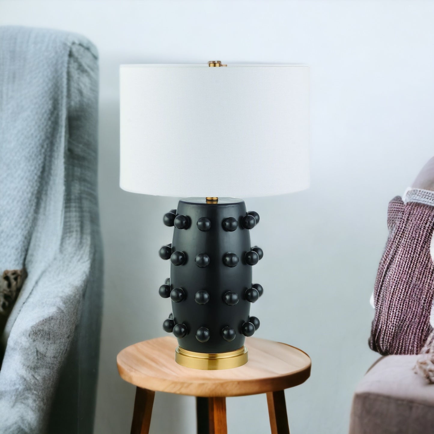 26" Black and Gold Ceramic Abstract Table Lamp With White Drum Shade