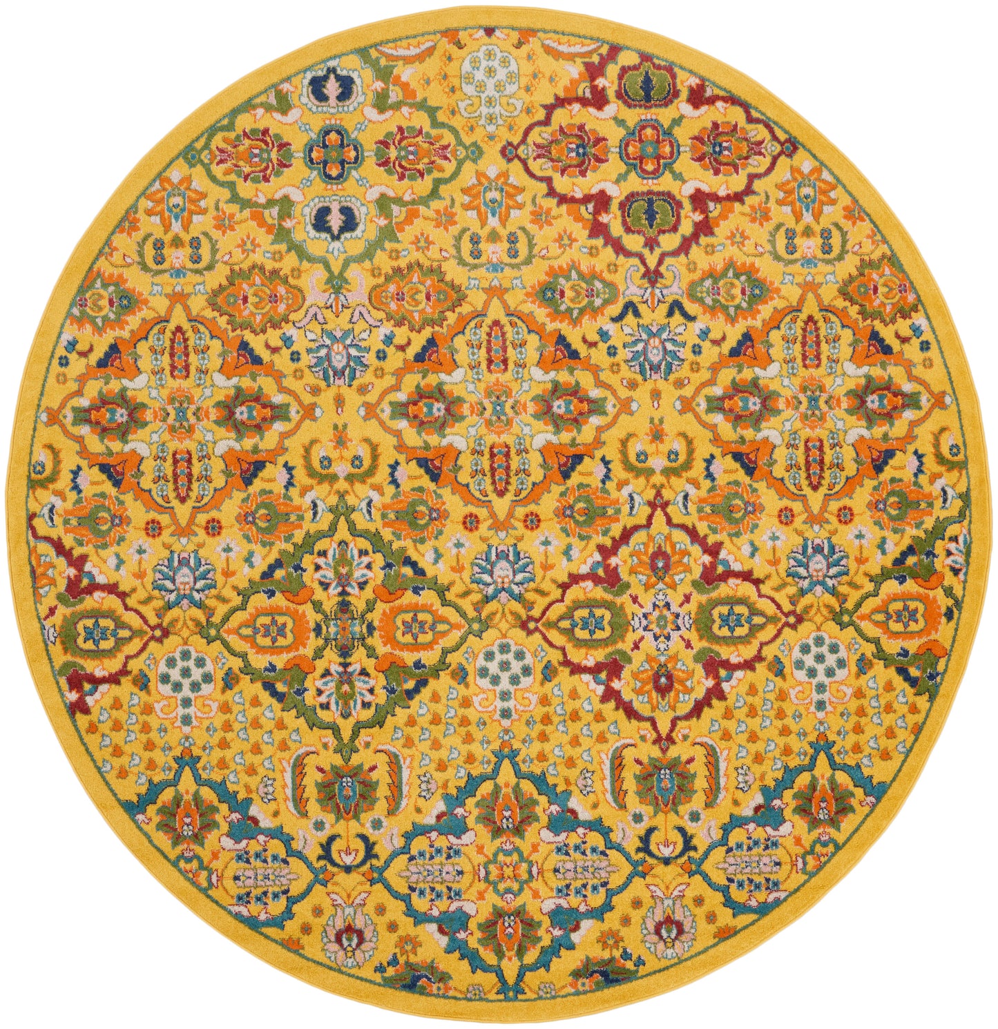 Round yellow oriental-style rug with intricate multicolor floral pattern for floor decor.