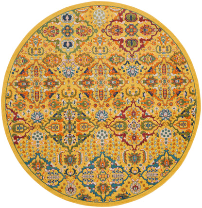 Round yellow oriental-style rug with intricate multicolor floral pattern for floor decor.