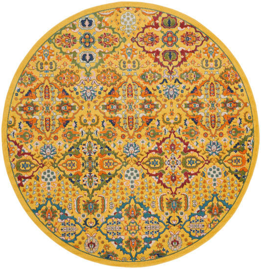 Round yellow oriental-style rug with intricate multicolor floral pattern for floor decor.