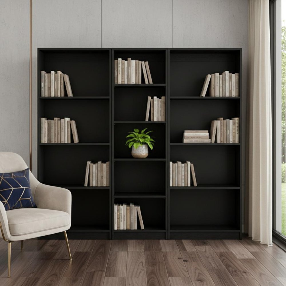 Set of Three Black Wood Five Tier Bookcase