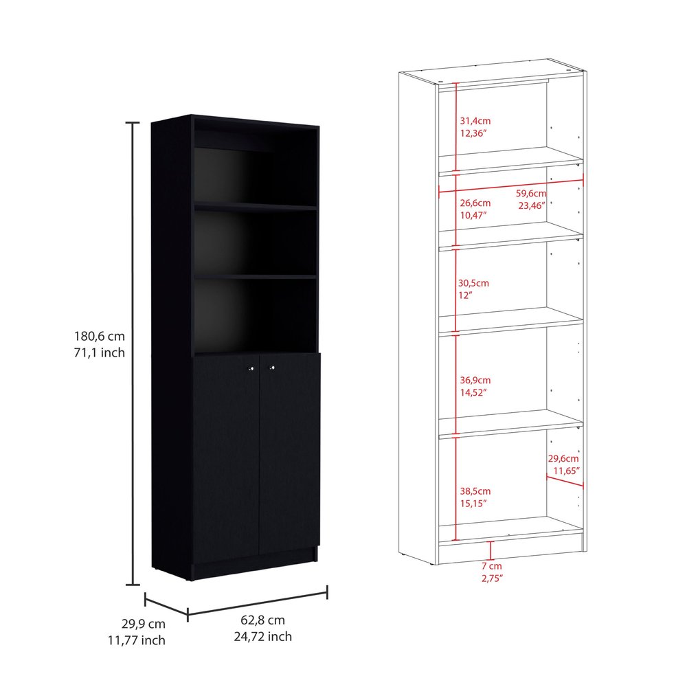 Set of Three Black Five Tier Bookcase with Two Doors