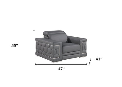 47" Granite Gray And Silver Genuine Leather Club Chair