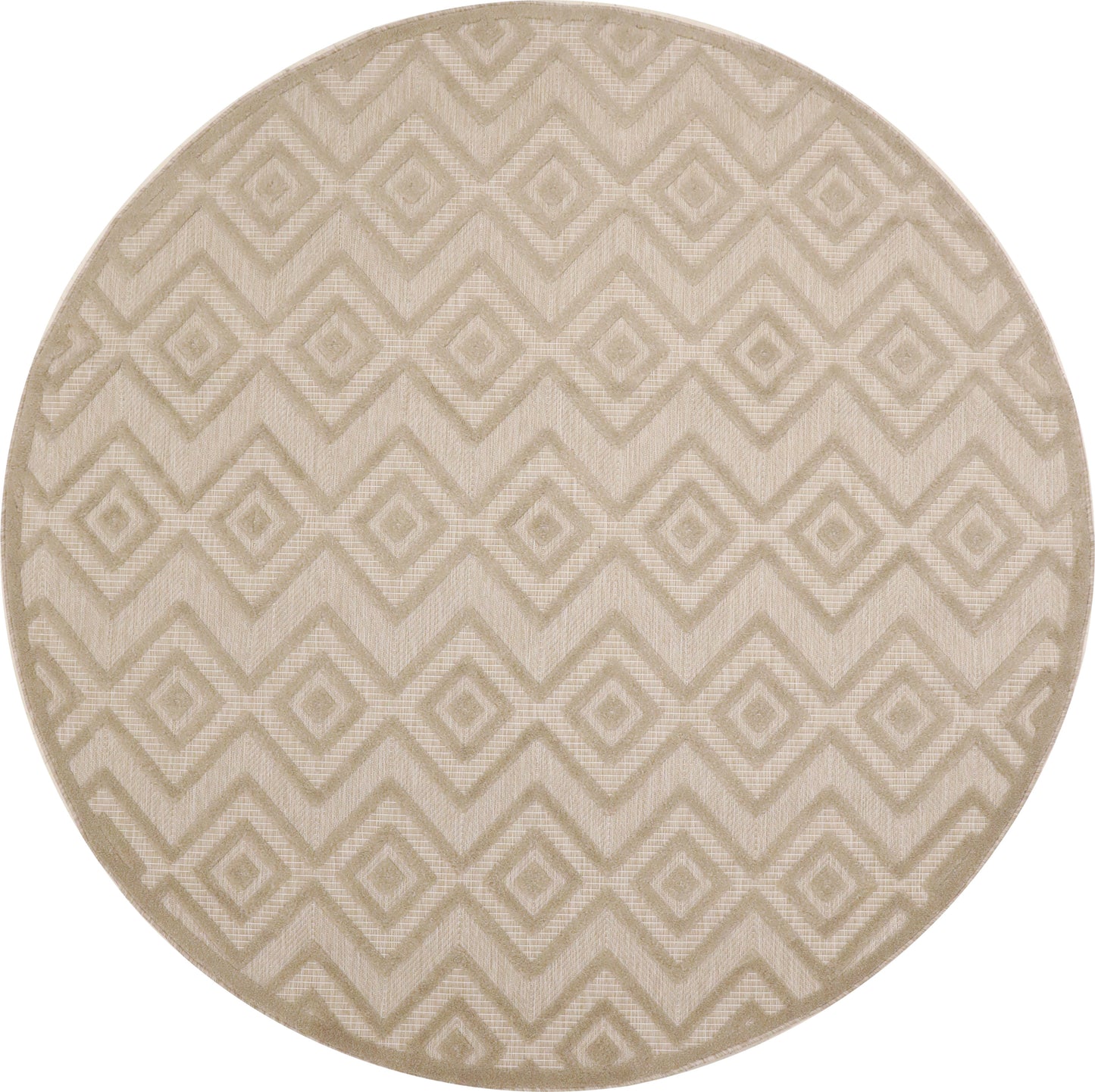 Round beige rug with a raised diamond chevron geometric pattern in cream tones.