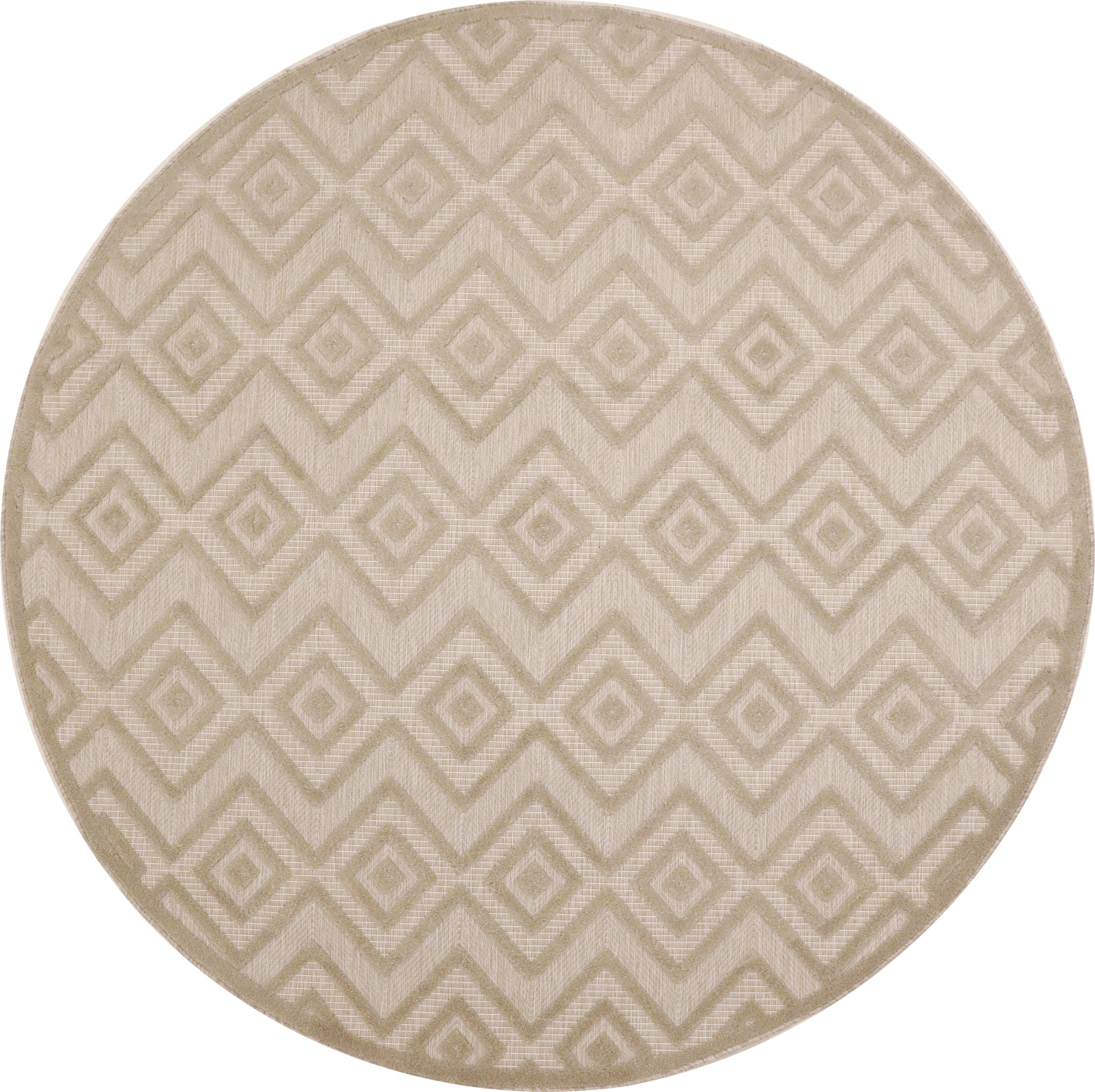 Round beige rug with a raised diamond chevron geometric pattern in cream tones.